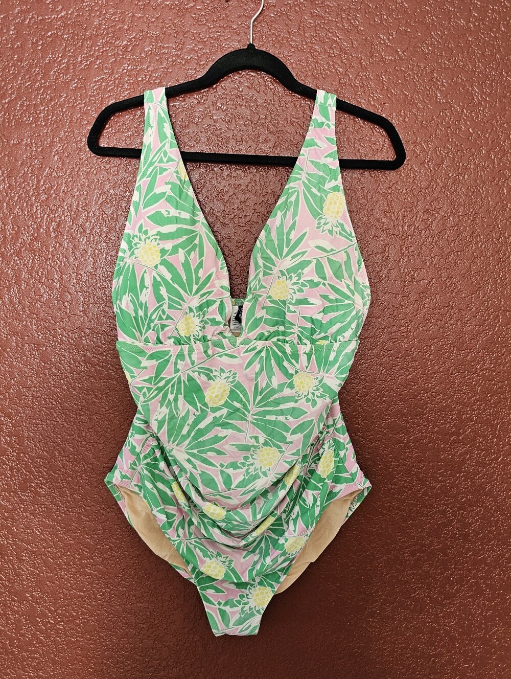 J. Crew Pink Tropical One-Piece Swimsuit with Green Leaf Print